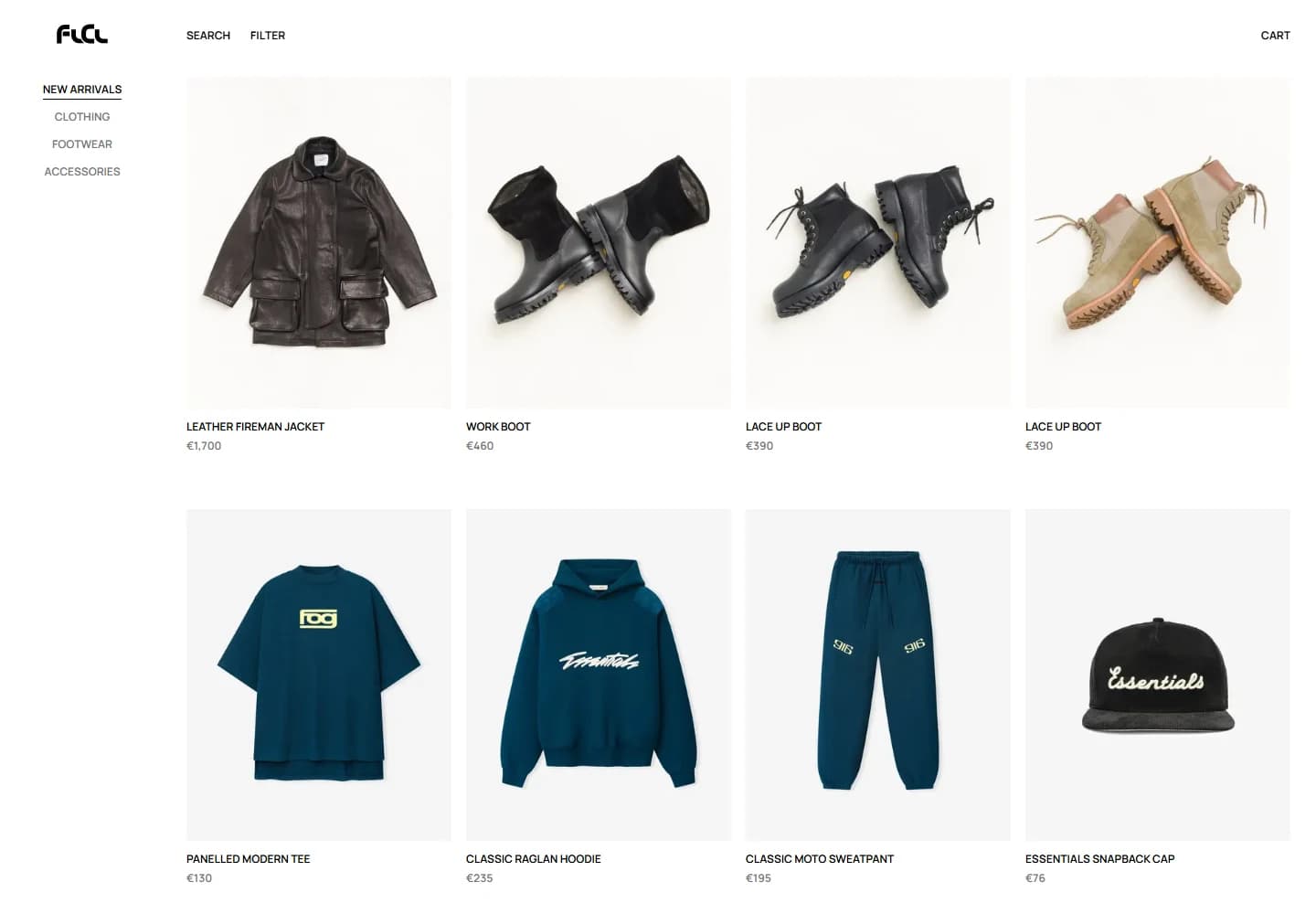 FOOLY COOLY desktop storefront with the FLCL mark, category sidebar, and four-column product grid